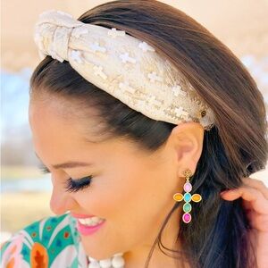 Brianna Cannon IVORY BROCADE HEADBAND WITH PEARL CROSSES